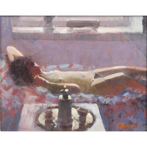 563 - Zlatan Pilipovic (b.1958 Sarajevo), Reclining Nude, oil on hardboard, signed lower right, framed, 7½... 