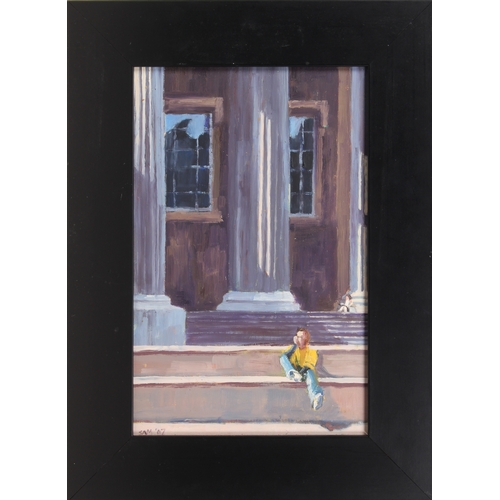 571 - Sheila Vaughan (British, 21st century), On the Steps at the British Museum, oil on hardboard, sign... 