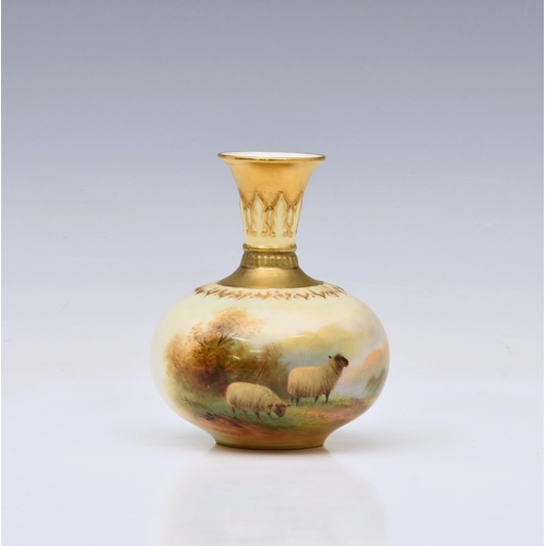 6 - A Royal Worcester porcelain squat sheep painted bottle vase by Harry Davis, painted with two sheep i... 