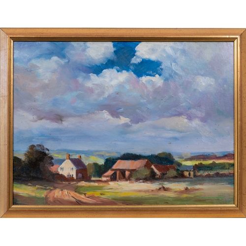 619 - Attributed to John Foulger (British, 1943-2007), The Farm, oil on board, framed, 11½ x 15½in. (29.2 ... 