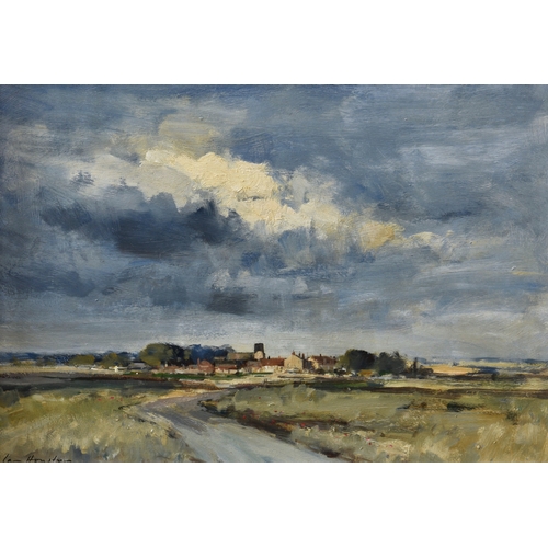 624 - Ian Houston (British, 1934-2021), A Norfolk Village, oil on hardboard, signed lower left, framed, 13... 