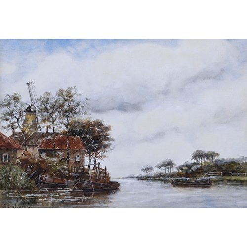 627 - Jan van Couver (Dutch, 1864-1910), Dutch River Scene with a Windmill, watercolour, signed lower left... 