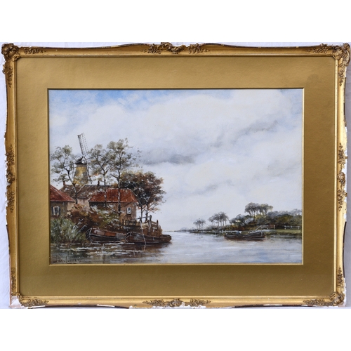 627 - Jan van Couver (Dutch, 1864-1910), Dutch River Scene with a Windmill, watercolour, signed lower left... 