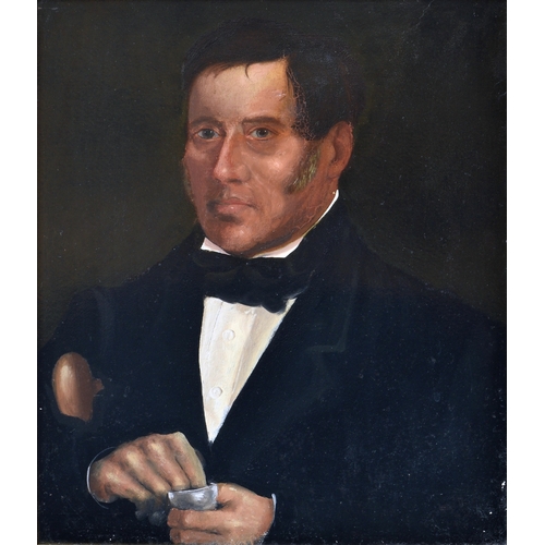 638 - English Naive School (19th century), Portrait of a gentleman with a pipe, oil on board, modern hollo... 