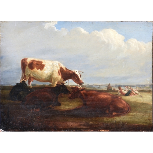 643 - Follower of Thomas Sidney Cooper (British, 1803-1902), Cows on hillside, resting farmers and dog, oi... 