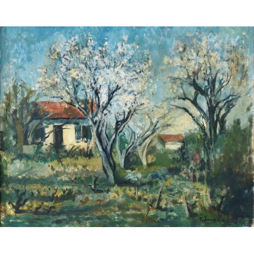 646 - French School, mid 20th century, Cottage among Apple Trees in Blossom, oil on canvas, signed indisti... 