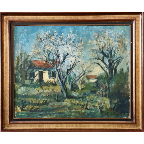 646 - French School, mid 20th century, Cottage among Apple Trees in Blossom, oil on canvas, signed indisti... 