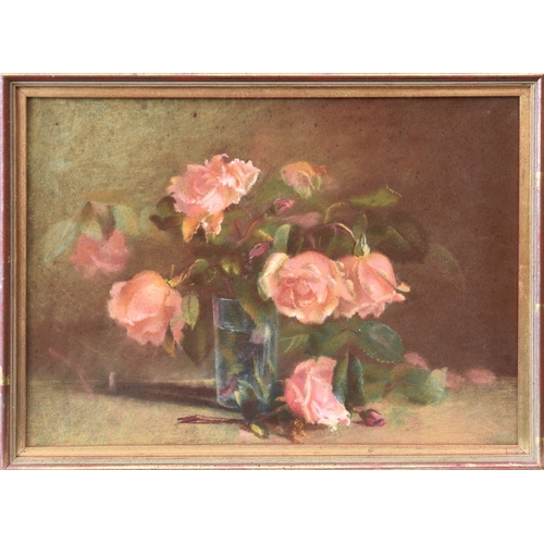 662 - English School (mid-20th century), Still life of pink roses in a glass, pastel, unsigned, framed, 15... 