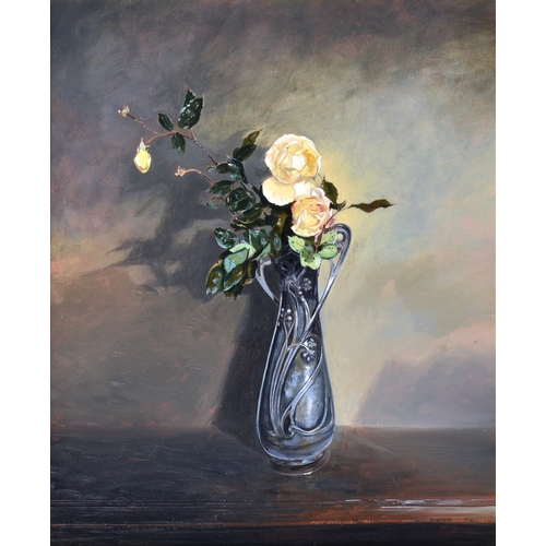 668 - Peter Newcombe (British, b.1943), Still life of roses in an Art Nouveau pewter vase, oil on canvas, ... 