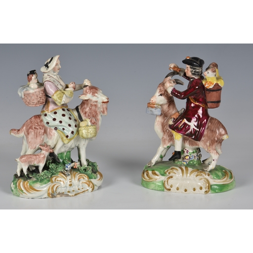 67 - A pair of 19th century Staffordshire figures of a Welsh Tailor and his wife riding goats, the gentle... 