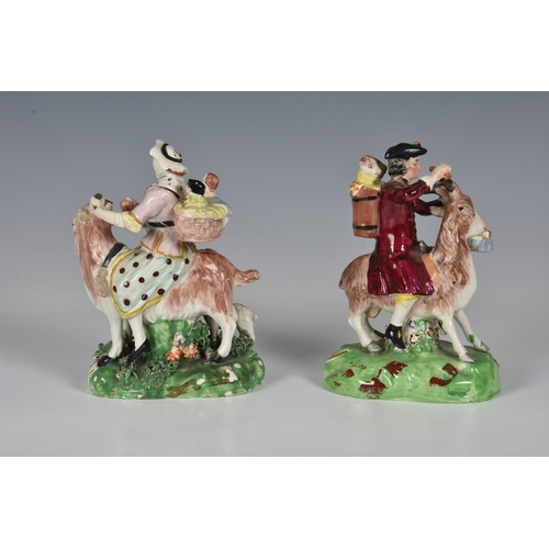 67 - A pair of 19th century Staffordshire figures of a Welsh Tailor and his wife riding goats, the gentle... 