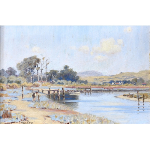 672 - Henry Moreland Gore (New Zealander, 1863-1930), New Zealand Landscape with Jetties on a River, oil o... 