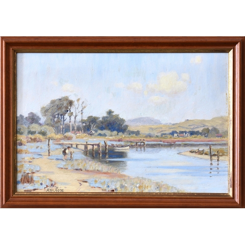 672 - Henry Moreland Gore (New Zealander, 1863-1930), New Zealand Landscape with Jetties on a River, oil o... 