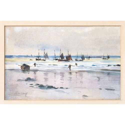 674 - John Haley (New Zealander, 1888-1954), Boats and Figures on the Shoreline, watercolour, signed lower... 