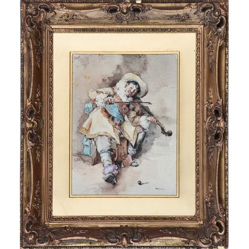 680 - E. Saracco (Italian, early 20th century), The Fiddler, watercolour, signed lower left centre, origin... 