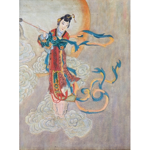 687 - Probably European in the Japanese style, late 20th century, Japanese Woman in the Clouds, oil on boa... 