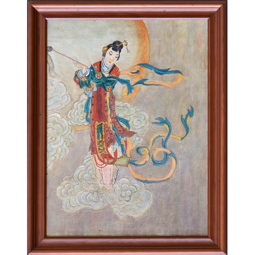 687 - Probably European in the Japanese style, late 20th century, Japanese Woman in the Clouds, oil on boa... 