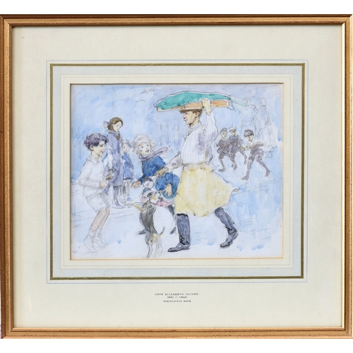 691 - Kate Elizabeth Oliver (British, 1881-1960), "The Muffin Man", watercolour, framed, 8 x 9½i... 