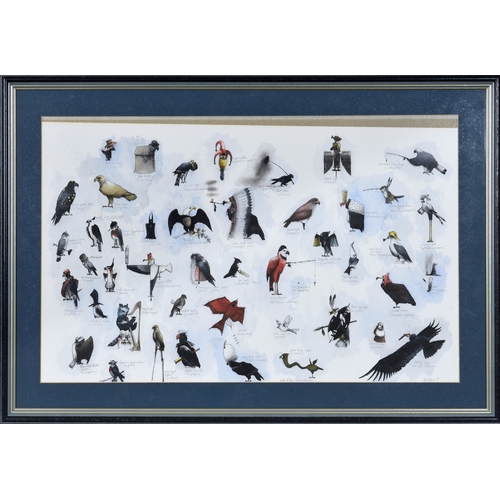 694 - Mark Brown (late 20th century), Humorous depictions of Birds of Prey, ink and watercolour and gouach... 