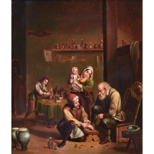 696 - English School 20th century in the Dutch 17th century style, A Doctor tending a patient's foot in hi... 