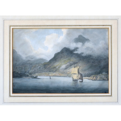 702 - English School, early 19th century, Sailing Boats on a Mountainous Coastline, watercolour, framed, 7... 