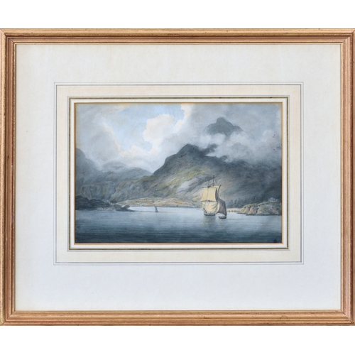 702 - English School, early 19th century, Sailing Boats on a Mountainous Coastline, watercolour, framed, 7... 