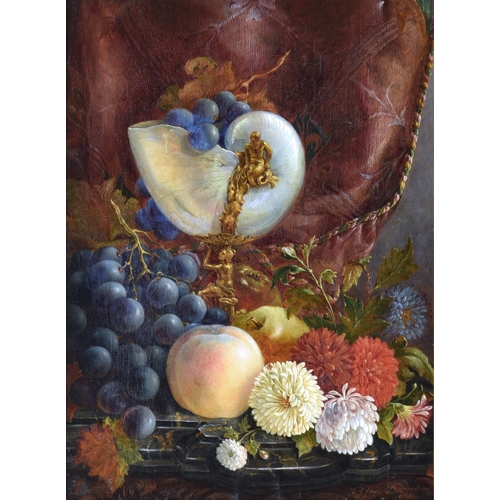 704 - F. Elton Davies (British, 1881), Still Life of fruit and flowers with a silver gilt mounted nautilus... 