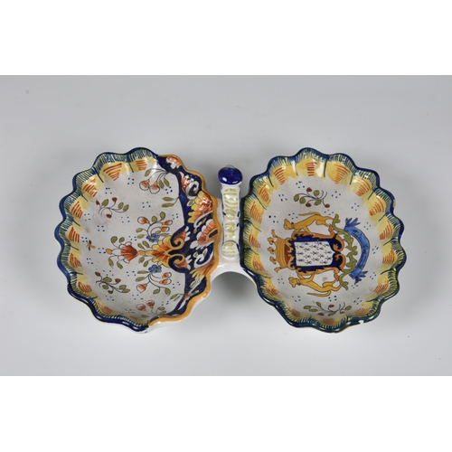 71 - A late 19th century St Malo faience two section crudité dish, with a scalloped edge, painted with th... 