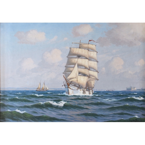 716 - Sven Age Drews (Danish, 1919-2003), A clipper at full sail off Kronborg Castle, Denmark, oil on canv... 