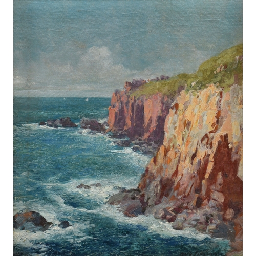 727 - Guy Lipscombe (British, 20th century), Coastal cliff landscape, oil on canvas board, signed lower ri... 