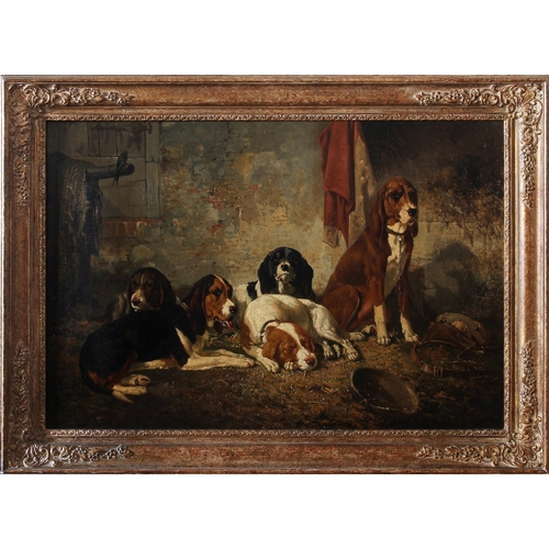 732 - Joseph Edouard Stevens (Belgian, 1816-1892), Dogs in a barn, oil on canvas, signed with the monogram... 