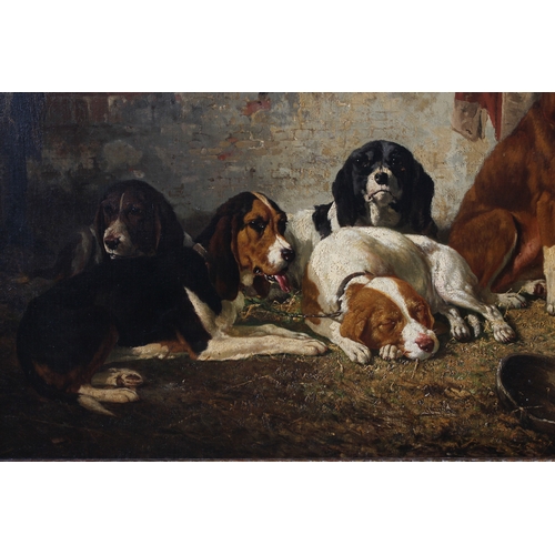 732 - Joseph Edouard Stevens (Belgian, 1816-1892), Dogs in a barn, oil on canvas, signed with the monogram... 