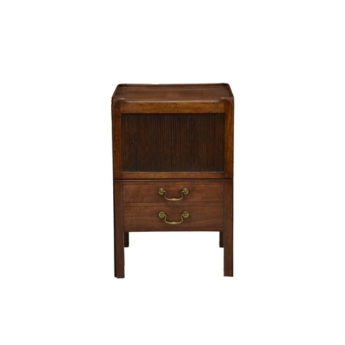 774 - A George III mahogany tambour front tray top night table, the ¾ gallery top over a tambour front cup... 