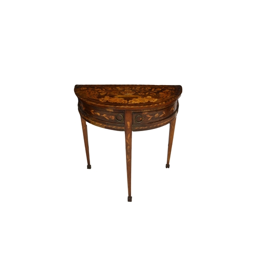 778 - A 19th century Dutch marquetry demi lune table, the heavily inlaid top over two frieze quarter drawe... 