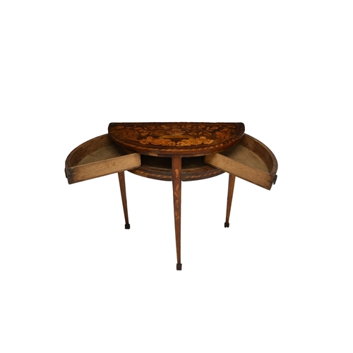 778 - A 19th century Dutch marquetry demi lune table, the heavily inlaid top over two frieze quarter drawe... 