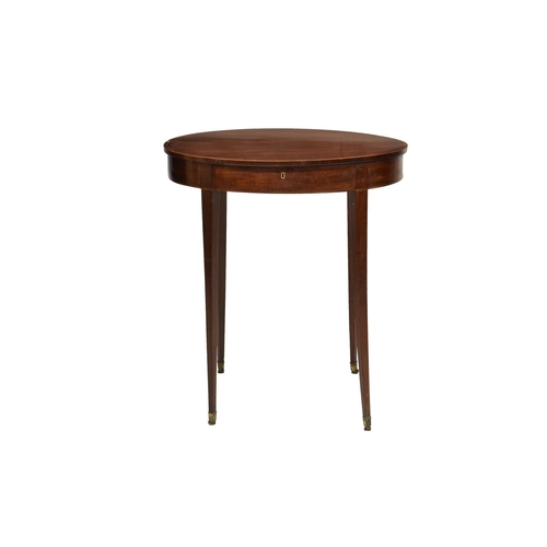 780 - A George III oval crossbanded mahogany occasional table with lidded top, the oval top opening to sto... 