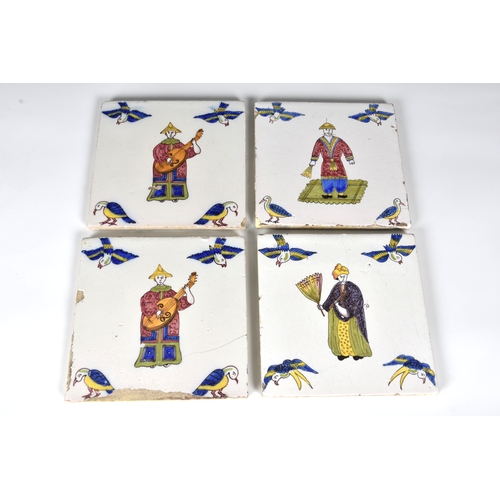 83 - Four polychrome English Delft tiles, possibly Liverpool, 18th century, painted with Oriental figures... 