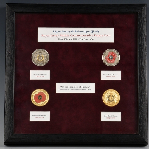 931 - A framed set of Royal Jersey Militia Commemorative Poppy coins the four coins well mounted against a... 