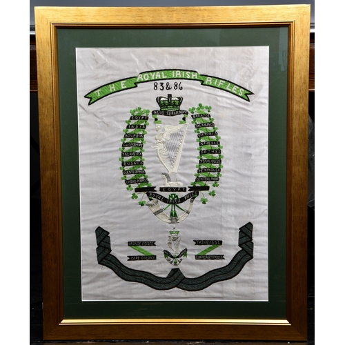 940 - The Royal Irish Rifles interest - Embroidered Battle Honours The Royal Irish Rifles 83 & 86, brillia... 