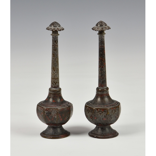 944 - A pair of Indian / Asian miniature rosewater sprinklerscopper and enamel, of octagonal form with ped... 