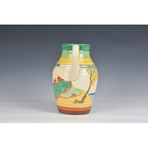 1 - A Clarice Cliff 'Secrets' Isis jug  ribbed texture, with stylised trees and cottages in landscape, w... 