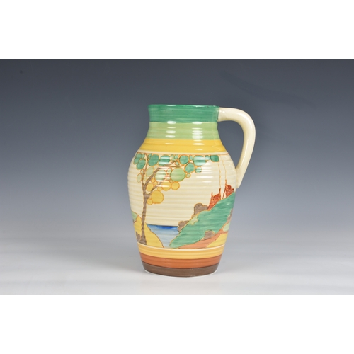 1 - A Clarice Cliff 'Secrets' Isis jug  ribbed texture, with stylised trees and cottages in landscape, w... 