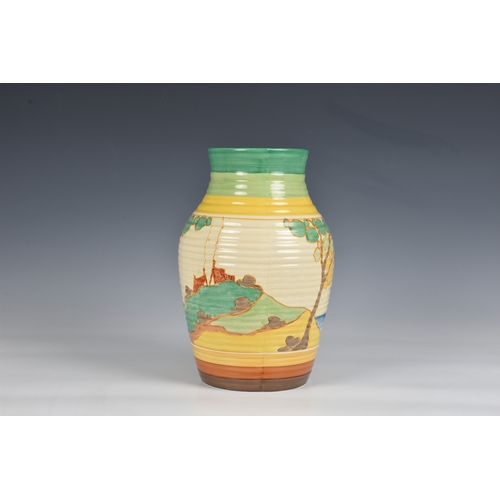 1 - A Clarice Cliff 'Secrets' Isis jug  ribbed texture, with stylised trees and cottages in landscape, w... 