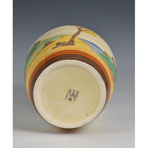 1 - A Clarice Cliff 'Secrets' Isis jug  ribbed texture, with stylised trees and cottages in landscape, w... 
