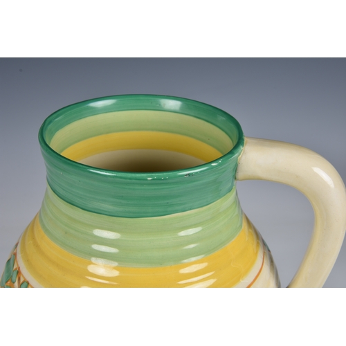 1 - A Clarice Cliff 'Secrets' Isis jug  ribbed texture, with stylised trees and cottages in landscape, w... 