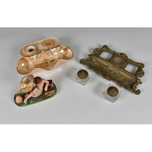 20 - A mid-19th century Staffordshire porcelain lustre glaze inkstand  the serpentine, foliate pen stand ... 