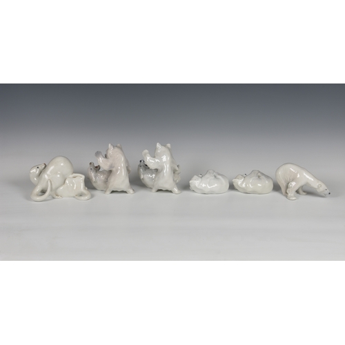 29 - Five Royal Copenhagen porcelain figurines of polar bears  each marked beneath, pattern numbers, 1107... 