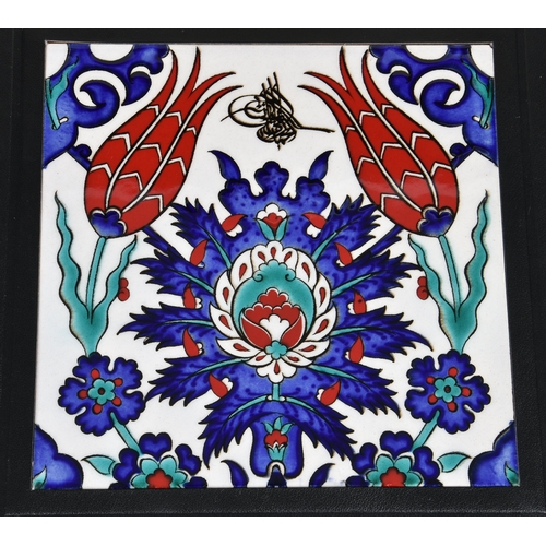 42 - A De Lamerie of London presentation, hand painted, ceramic tile set in a black embossed leather tray... 