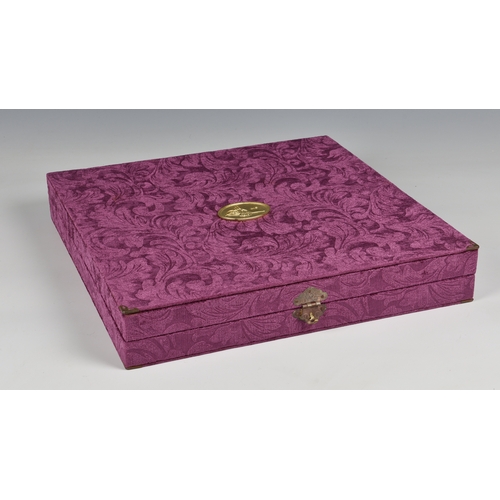 42 - A De Lamerie of London presentation, hand painted, ceramic tile set in a black embossed leather tray... 
