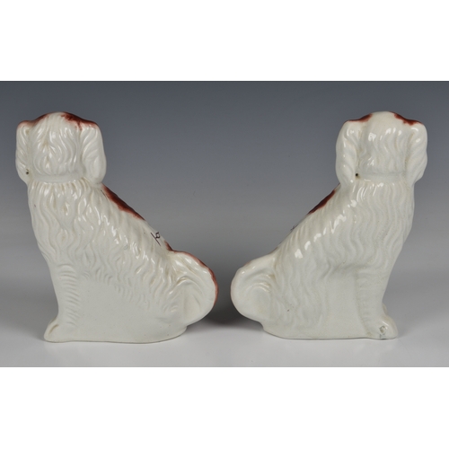 57 - A pair of Staffordshire King Charles spaniels  in brown white glaze with gilt collar and lead, unmar... 